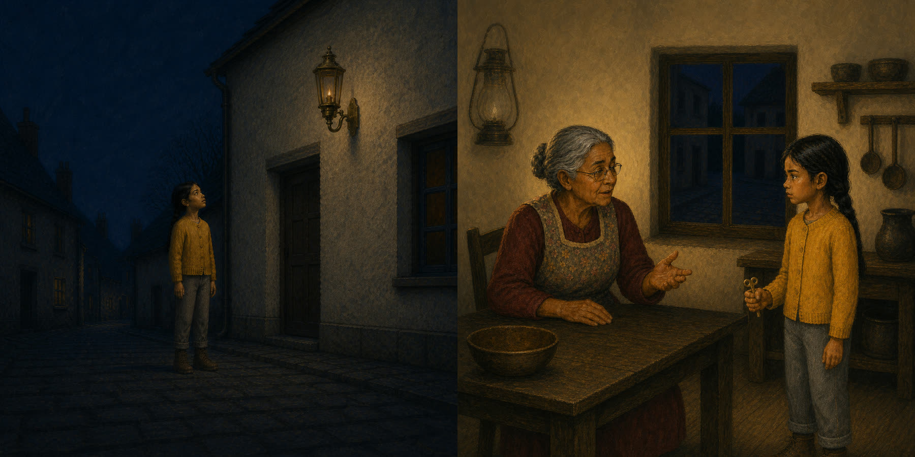 Two facing pages: the street at night, and a warm kitchen interior.